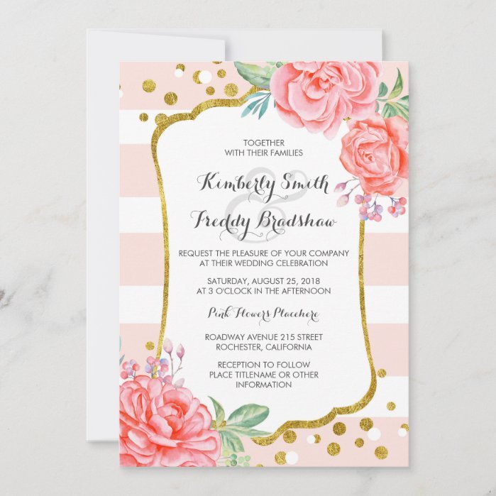 Floral Pink Stripes Gold Confetti Vintage Wedding Invitation