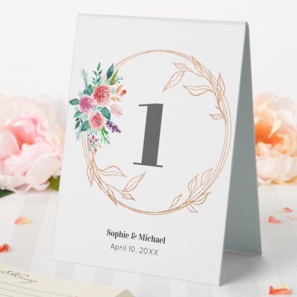 Floral Rose Gold White Pink Wedding Table Tent Sign