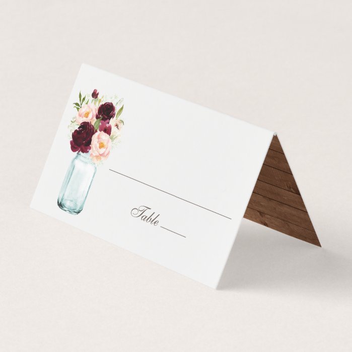 Floral Rustic Wood Blush Burgundy Lace Mason Jar Place Card