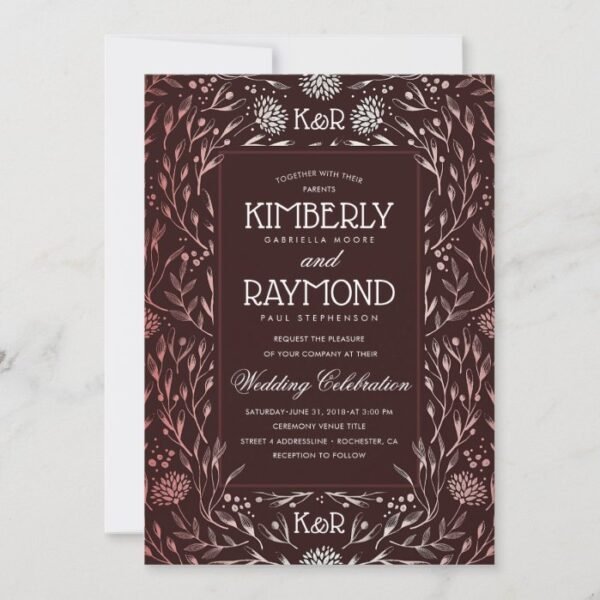 Floral Vintage Burgundy and Rose Gold Wedding Invitation