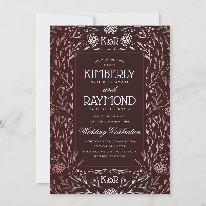 Floral Vintage Burgundy and Rose Gold Wedding Invitation