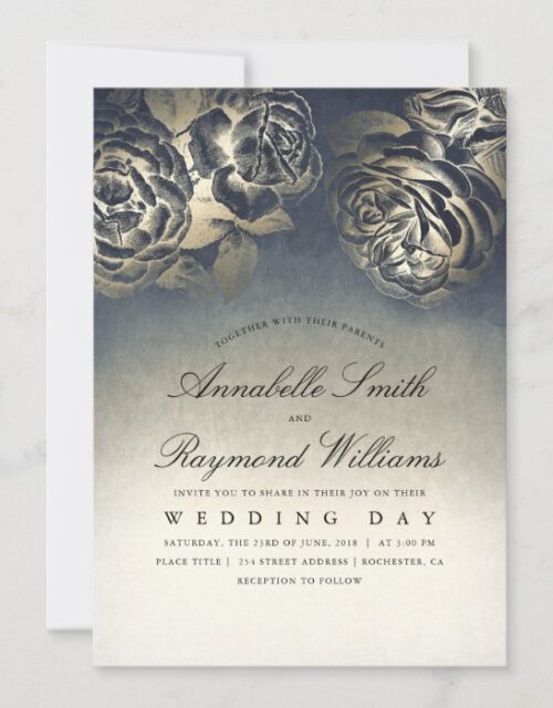 Floral Vintage Eclectic Blue and Gold Wedding Invitation