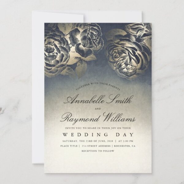 Floral Vintage Eclectic Blue and Gold Wedding Invitation