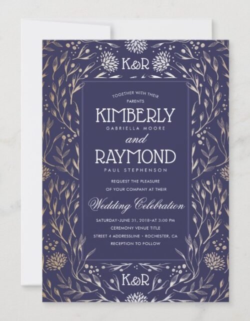 Floral Vintage Navy and Gold Wedding Invitation