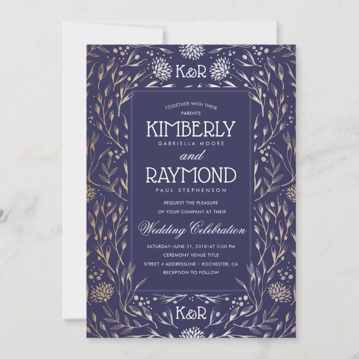 Floral Vintage Navy and Gold Wedding Invitation