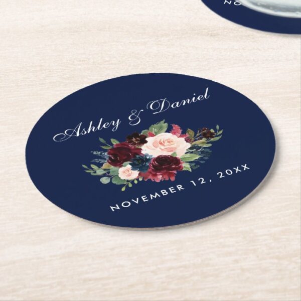 Floral Watercolor Burgundy Blue Wedding Round Paper Coaster