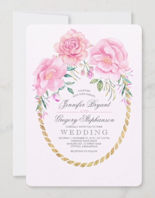 Floral Wrap Pink and Gold Boho Watercolor Elegant Invitation