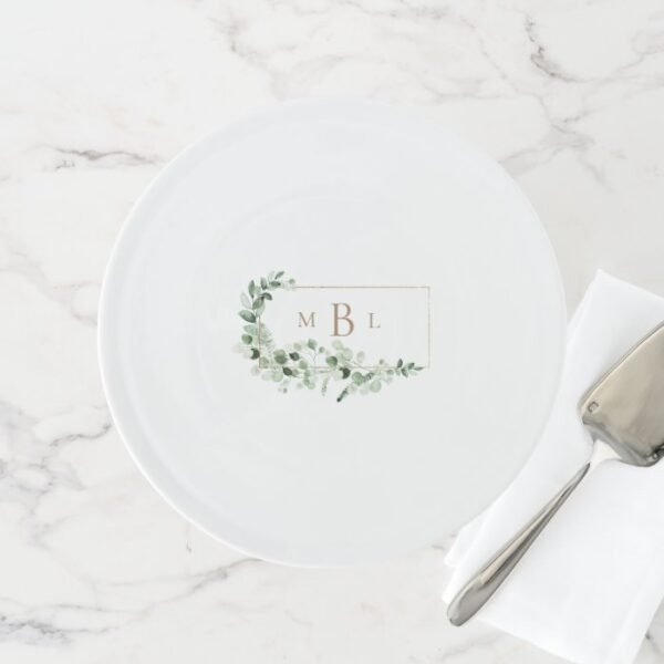 Foliage  & Gold Monogram White Elegant Cake Stand