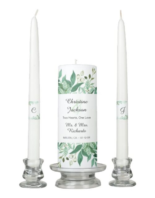 Fresh Foliage Botanical Bride & Groom Monogram Unity Candle Set