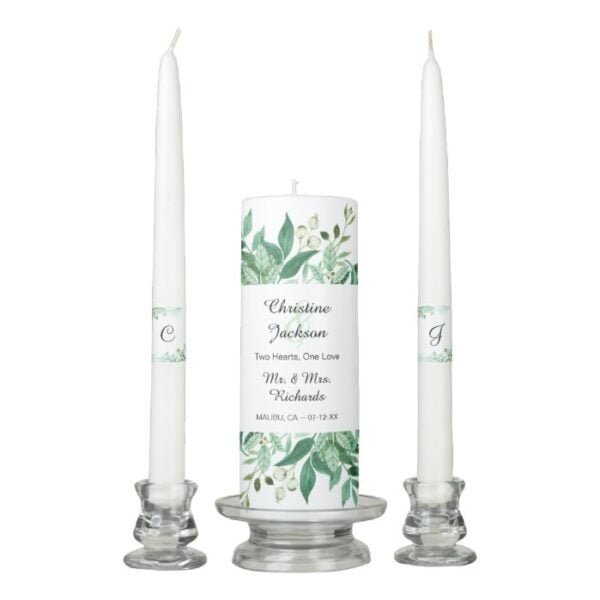 Fresh Foliage Botanical Bride & Groom Monogram Unity Candle Set