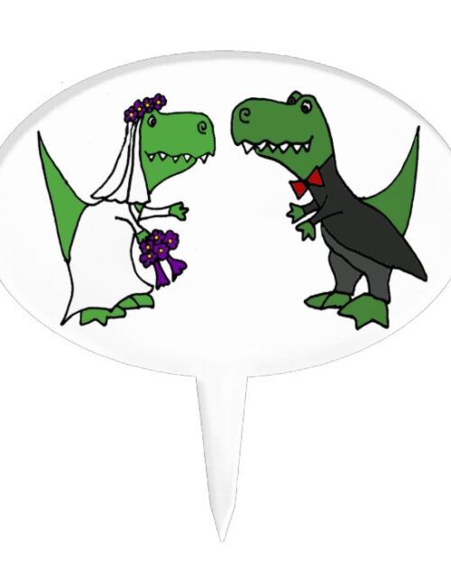 Funny T-rex Dinosaur Bride and Groom Wedding Art Cake Topper