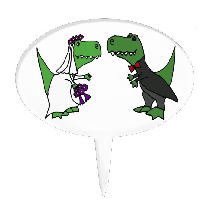 Funny T-rex Dinosaur Bride and Groom Wedding Art Cake Topper