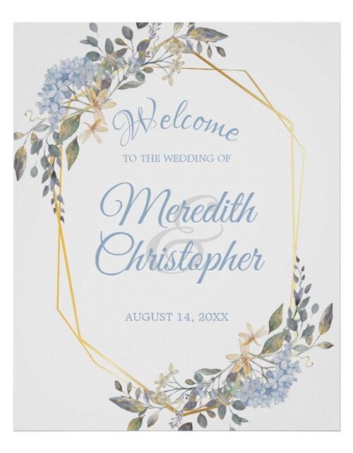 Geometric Gold Frame Dusty Blue Florals Welcome Poster