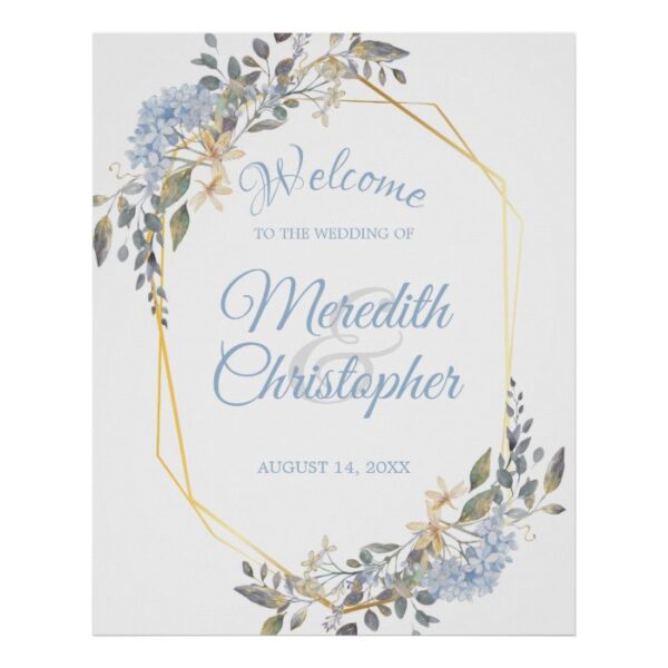 Geometric Gold Frame Dusty Blue Florals Welcome Poster