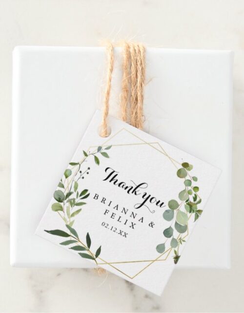 Geometric Gold Tropical Green Calligraphy Wedding Favor Tags
