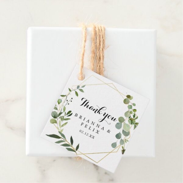 Geometric Gold Tropical Green Calligraphy Wedding Favor Tags