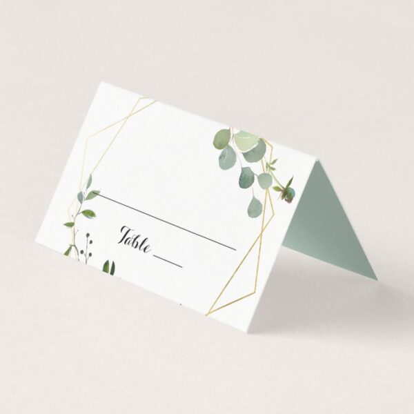 Geometric Gold Tropical Green Wedding Place Card