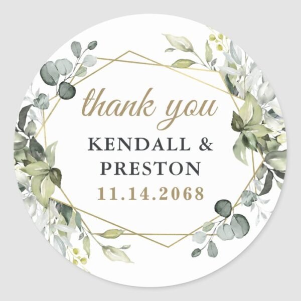 Geometric Greenery Elegant Gold Wedding Thank You Classic Round Sticker
