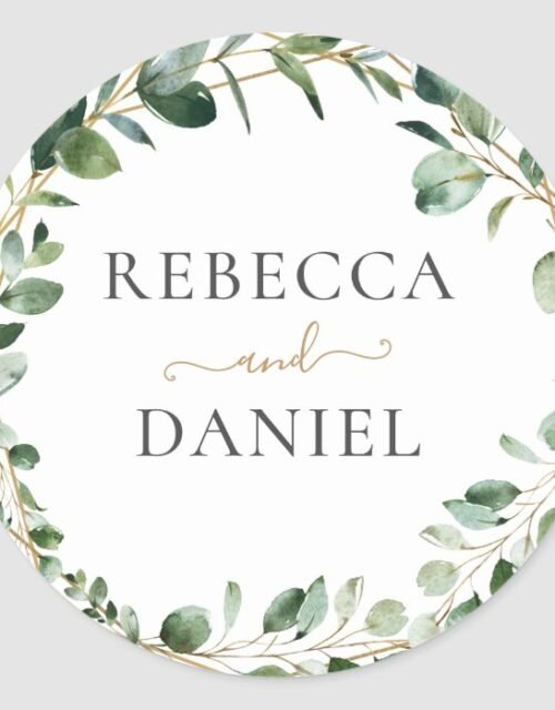 Geometric Greenery Eucalyptus Personalized Wedding Classic Round Sticker