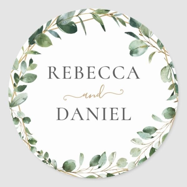 Geometric Greenery Eucalyptus Personalized Wedding Classic Round Sticker