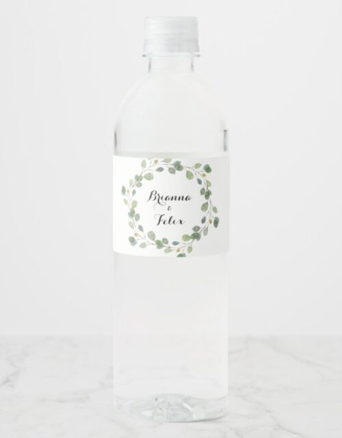 Geometric Greenery Foliage Calligraphy Wedding Water Bottle Label