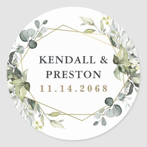 Geometric Greenery Modern Gold Succulent Wedding Classic Round Sticker