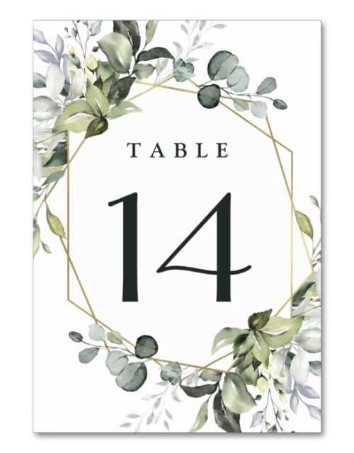 Geometric Greenery Modern Gold Succulent Wedding Table Number