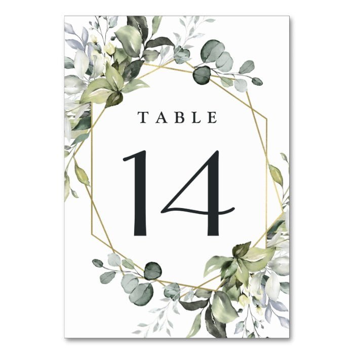 Geometric Greenery Modern Gold Succulent Wedding Table Number