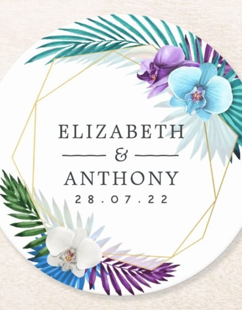 Geometric Tropical Orchids Beach Wedding Round Paper Coaster