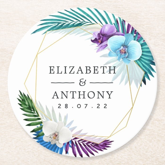Geometric Tropical Orchids Beach Wedding Round Paper Coaster
