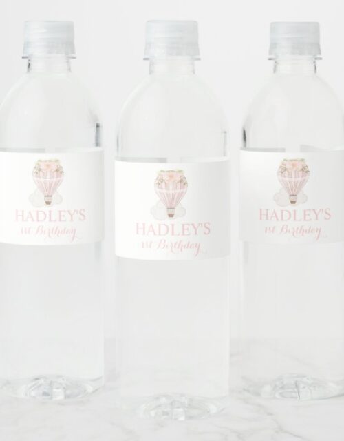 Girl Hot Air Balloon Water Bottle Labels - Pink