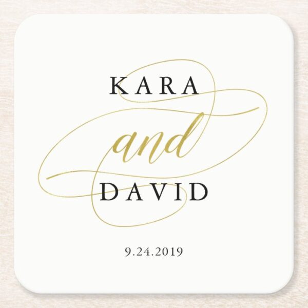 Glamorous Faux Gold Classic Wedding Square Paper Coaster