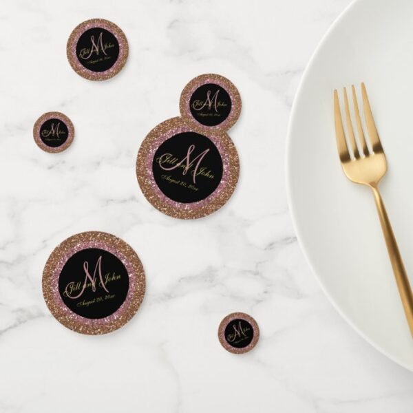 Glitter Rose Gold Champagne Wedding Monogram Confetti