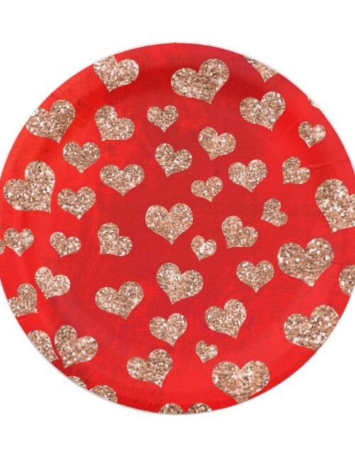 Glitter Rose Gold Hearts Confetti Red Vivid Copper Paper Plate