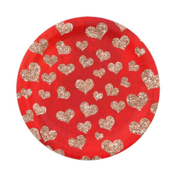 Glitter Rose Gold Hearts Confetti Red Vivid Copper Paper Plate