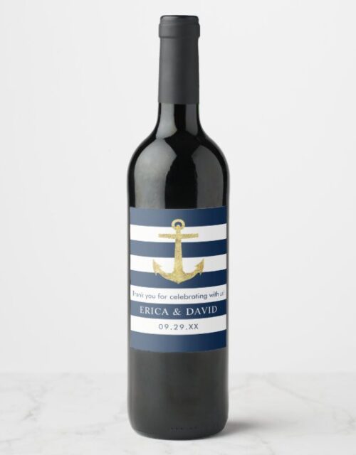Gold Anchor Navy Blue Stripes Nautical Wedding Wine Label