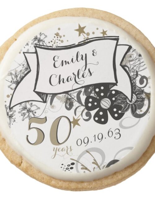 Gold and Black 50th Wedding Anniversary Party Round Shortbread Cookie