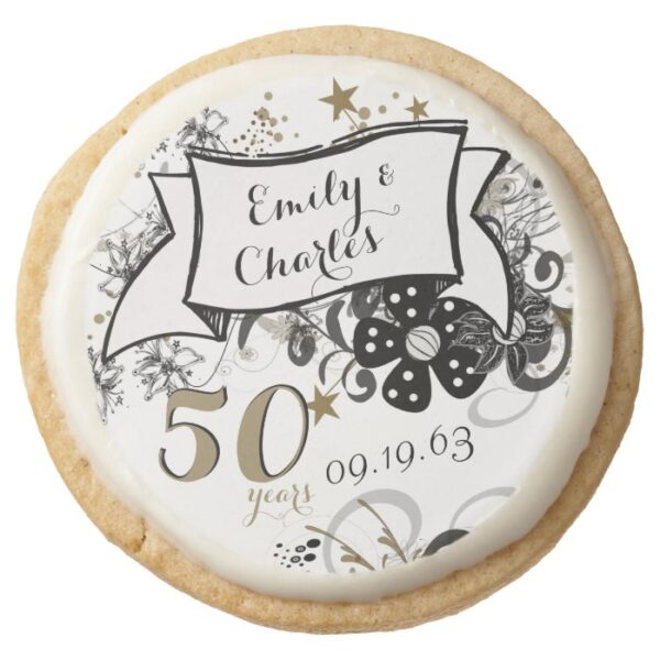 Gold and Black 50th Wedding Anniversary Party Round Shortbread Cookie