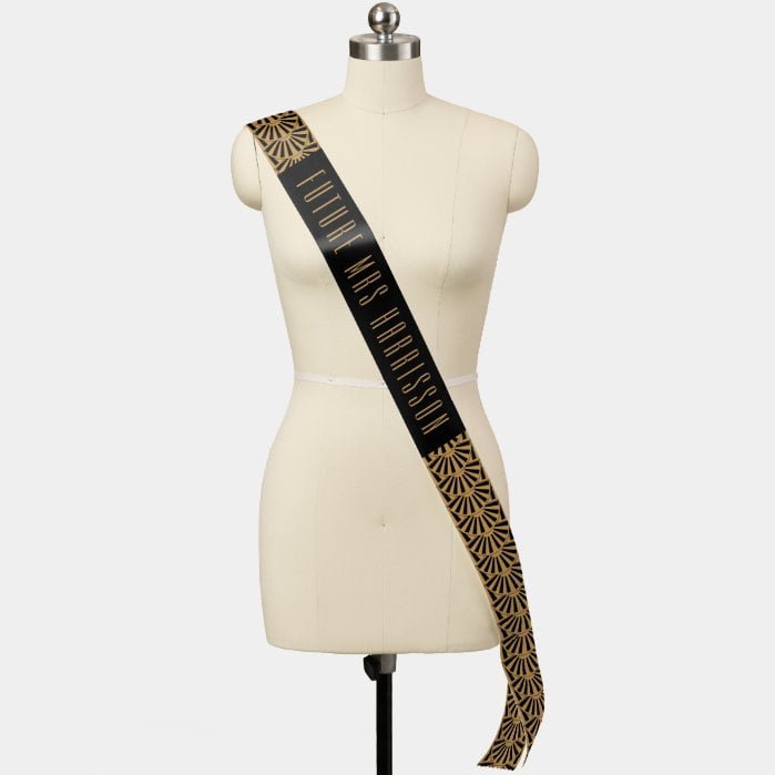Gold and Black Art Deco Fan Flowers Wedding Sash