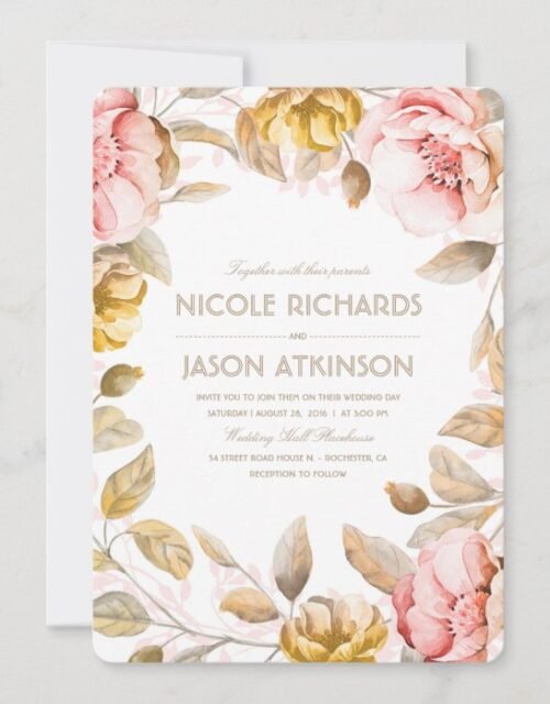 Gold and Blush Floral Wedding Invitation