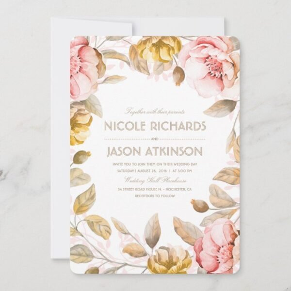 Gold and Blush Floral Wedding Invitation