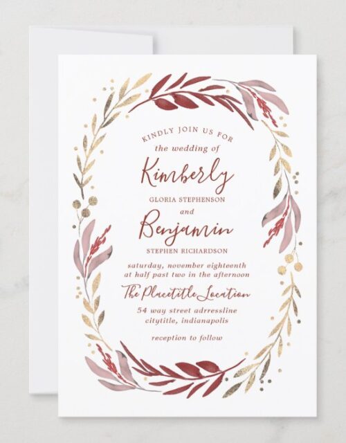 Gold and Burgundy | Gilded Floral Wreath Wedding Invitation