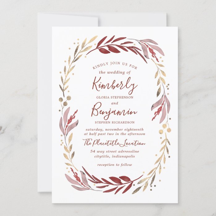 Gold and Burgundy | Gilded Floral Wreath Wedding Invitation