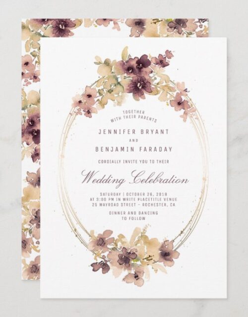 Gold and Mauve Floral Watercolor Vintage Wedding Invitation