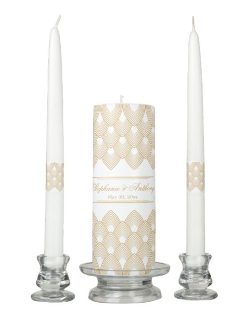 Gold and White Art Deco Pattern Wedding Unity Candle Set