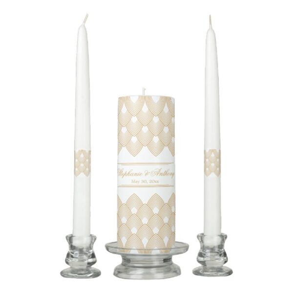 Gold and White Art Deco Pattern Wedding Unity Candle Set