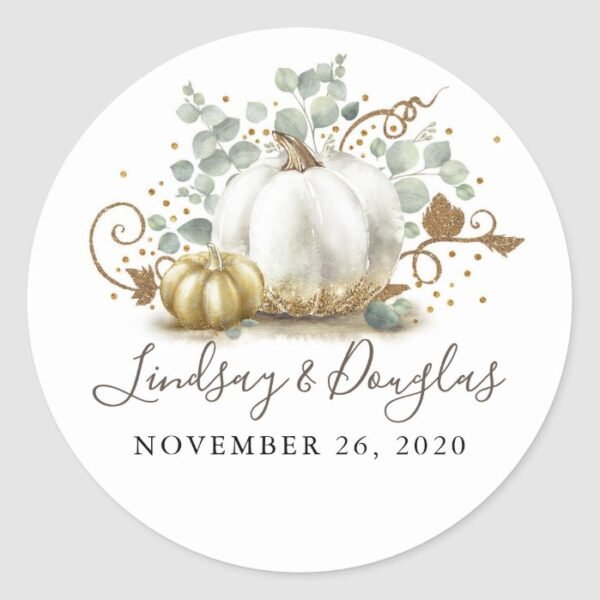 Gold and White Pumpkin Fall Wedding Classic Round Sticker