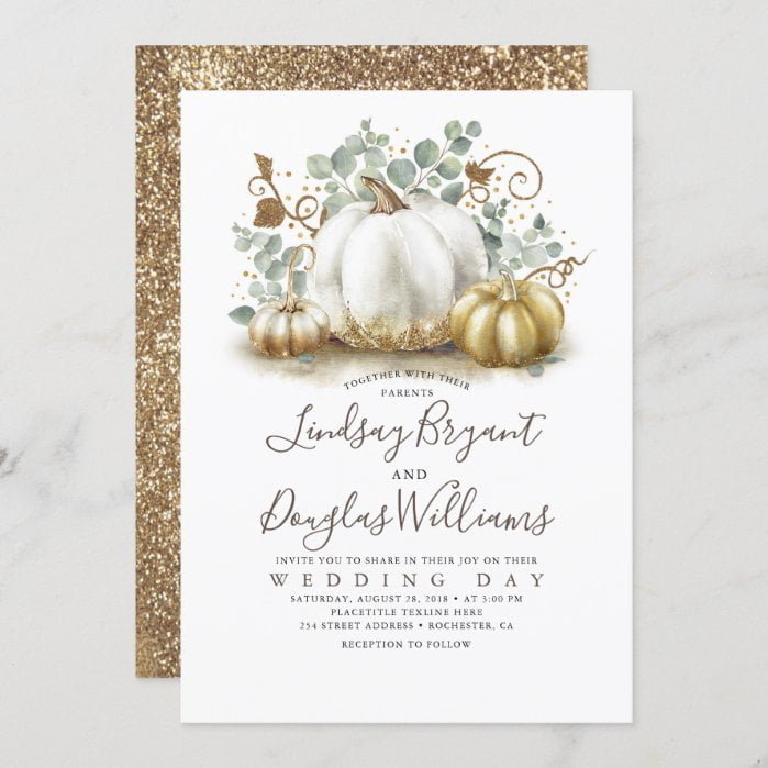 Gold and White Pumpkins Rustic Modern Fall Wedding Invitation