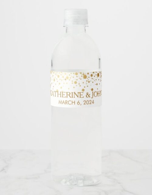 Gold Confetti Dots Wedding Water Bottle Label