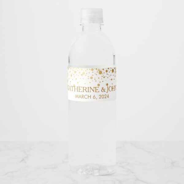 Gold Confetti Dots Wedding Water Bottle Label